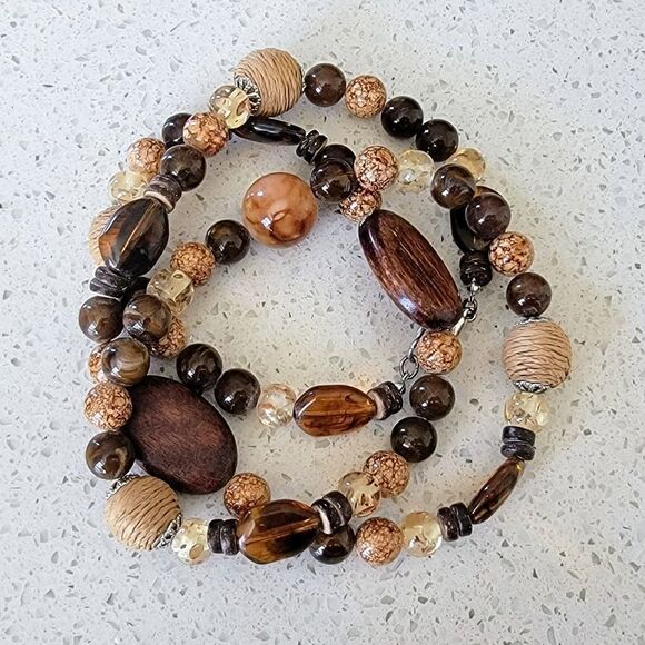 Artisan Wood, Amber & Fish Seed Agate Beaded Convertible Necklace or Bracelet - Picture 11 of 13